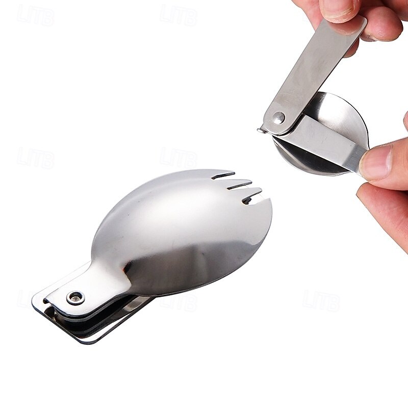 1Pc Camping Outdoor Stainless Steel Folding Spoon, Compact, Lightweight, Durable, Ideal for Hiking, Backpacking, and Camping, Easy to Carry and Use2