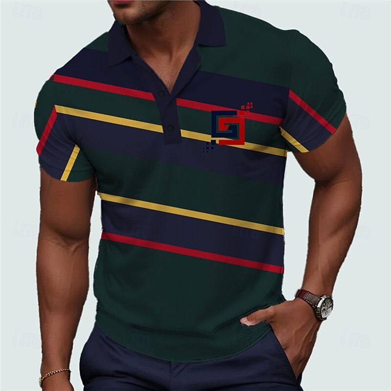 Men's Striped Golf Shirt Short Sleeve Polo Shirts Collared Shirts Business Casual Vacation Wear Formal Wear Festival Wear Buttons 3D Print Summer Pink Red Purple
