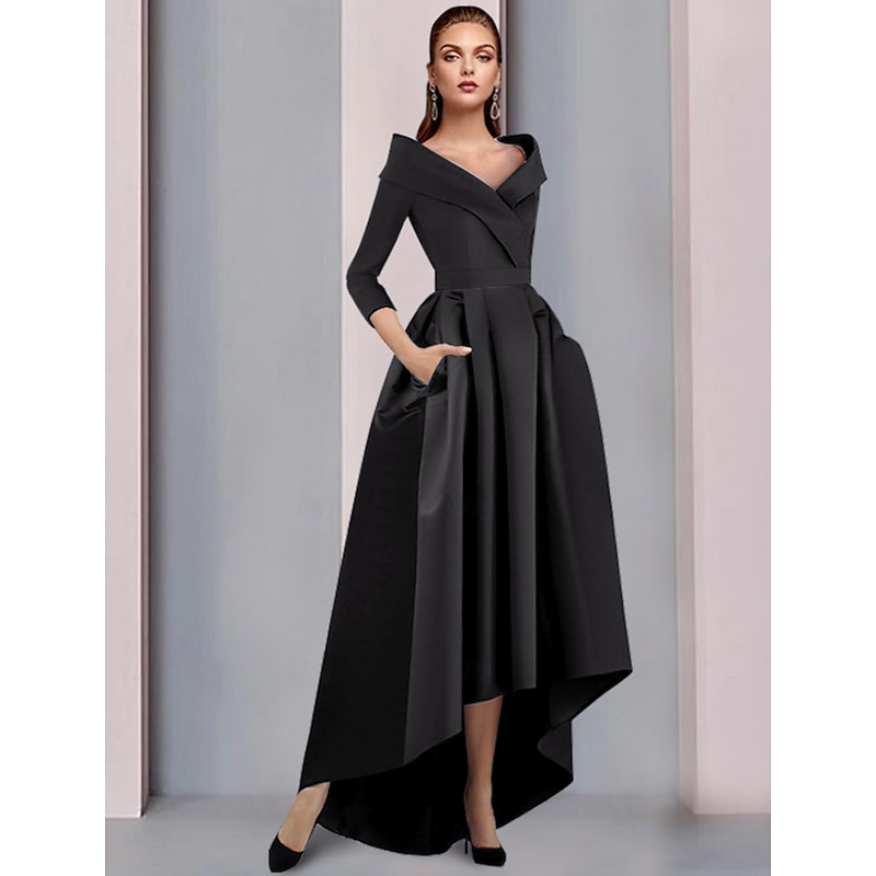A-Line Mother of the Bride Dress Tuxedo Dress Wedding Guest Elegant High Low Sweet Spaghetti Strap Asymmetrical Tea Length Satin 3/4 Length Sleeve with Pleats4