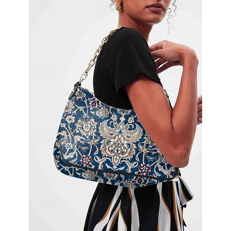 Women's Vintage Floral Print Shoulder Bag with Gold Chain Strap - Stylish and Elegant, Suitable for Casual and Formal Occasions, Great for Day or Evening Wear Black Red Blue4