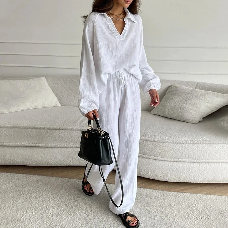 Women's Fashion Streetwear Shirt Two Piece Sets Linen Pants Pants Trousers Long Sleeve Shirt Collar Solid Color Drawstring Daily Wear Date Black White Orange Summer Regular Fit