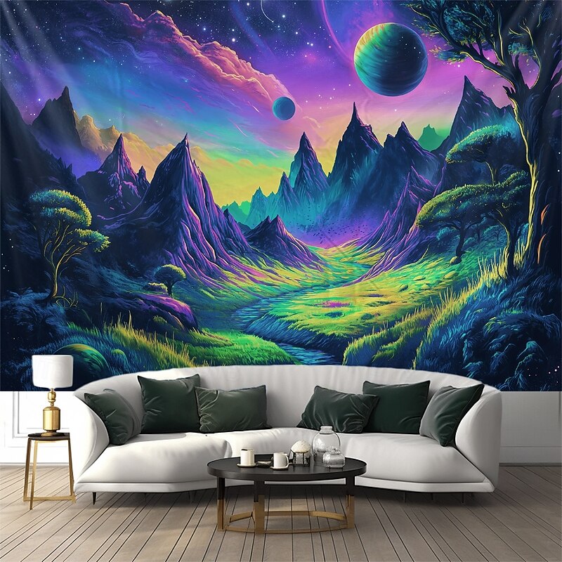 Blacklight Tapestry Glow in the Dark Glow Party UV Reactive Trippy Misty Mountain Nature Landscape Hanging Tapestry Wall Art Mural for Living Room Bedroom4