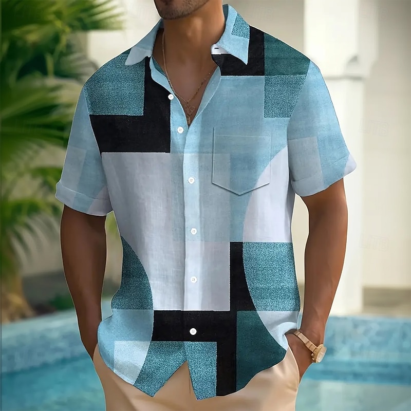 Men's Geometric Color Block Patchwork Shirt Button Up Shirt Short Sleeve Fashion Casual Vacation Casual Holiday Summer Turndown 3D Print Collared Shirts Front One Pocket Blue Purple Brown