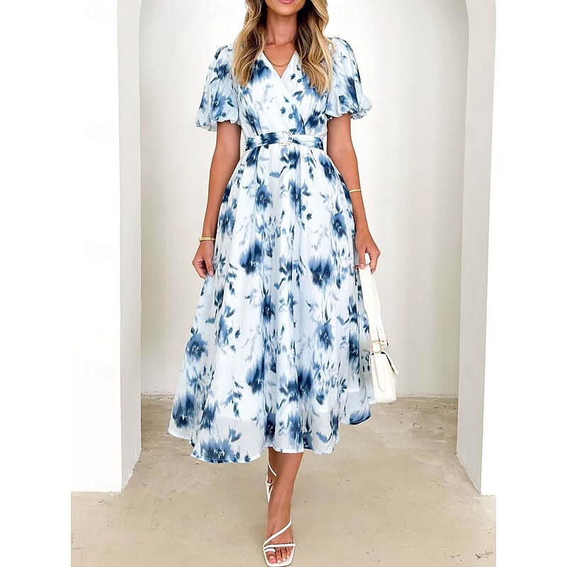 Retro Vintage 1950s Midi Dress Wrap Dress Flare Dress Puff Sleeve Floral A-Line V Neck Fancy Dress Women's Masquerade Wedding Vacation Tea Party Adults' Dress4