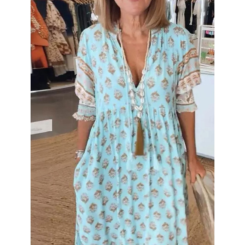 Women's Long Dress Maxi Dress Casual Dress A Line Dress Boho Dress Bohemia Stylish Casual Vacation Casual Daily Regular Fit Graphic Half Sleeve V Neck Pink Blue Green Summer Spring