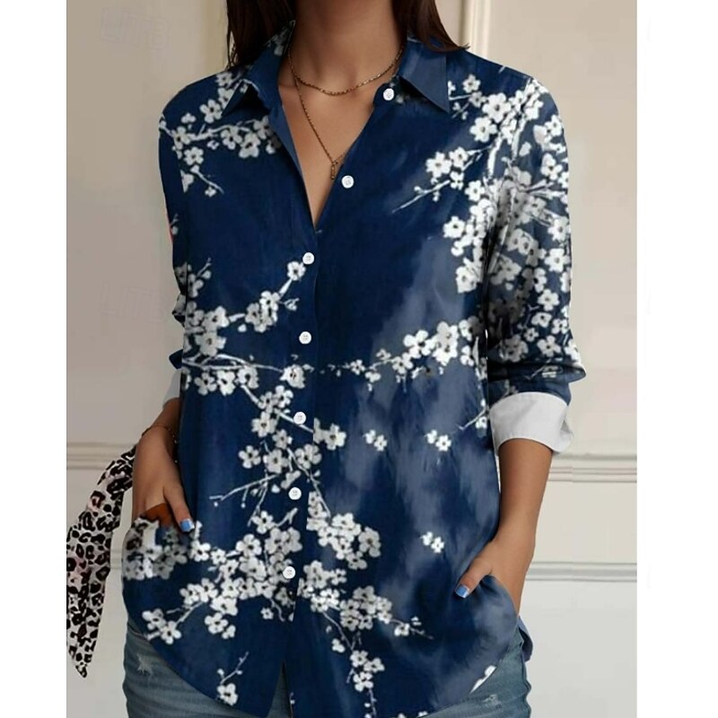 Women's Shirt Button Down Tunic Shirt Collar Long Sleeve Animal Geometric Casual Regular Tops Work Daily s Print Blue Spring Fall Winter2