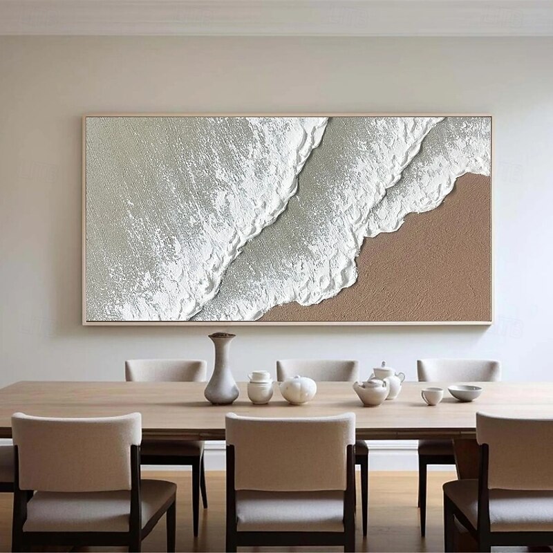 Handmade  White Ocean Wave Art oil painting handpainted Beach Abstract Painting White Wall Art Brown 3D Texture Painting Brown Beach painting Wall Art Modern Pastel Room Decor4