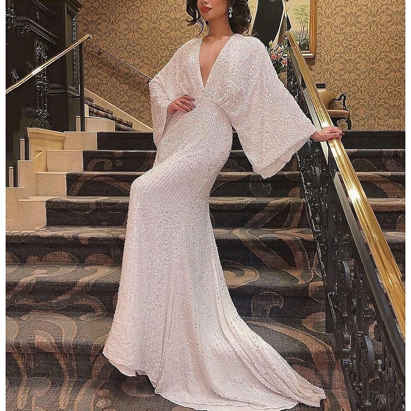 Mermaid / Trumpet Evening Gown Vintage Dress Formal Prom Floor Length Long Sleeve V Neck Sequined with Glitter Sequin4
