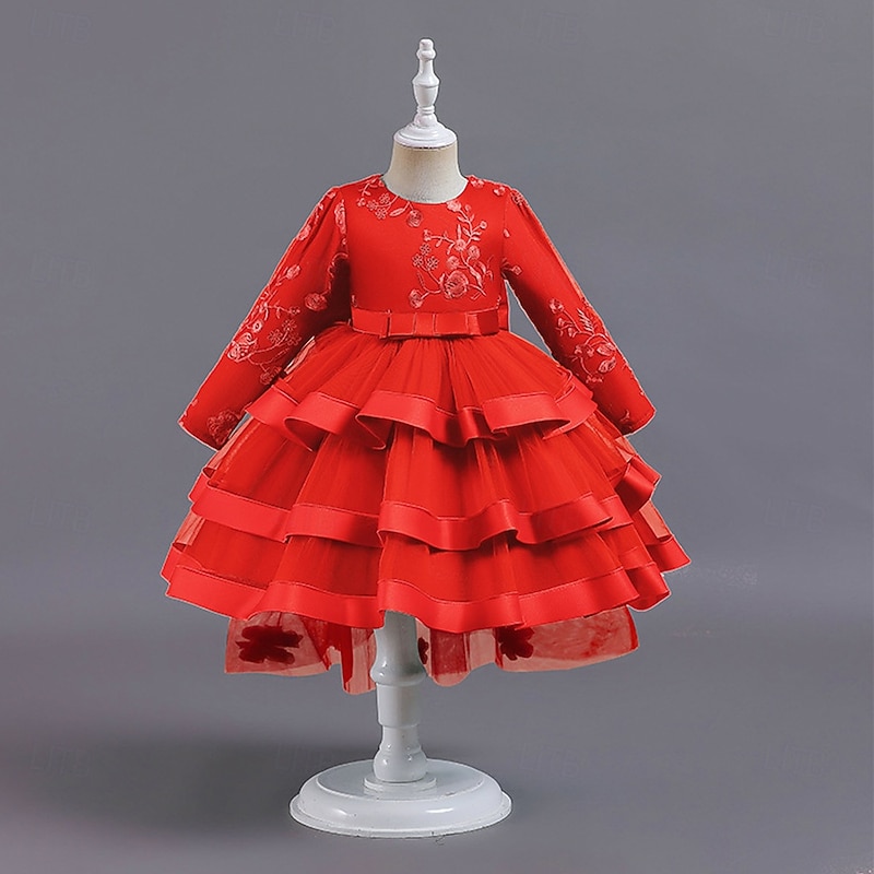 Kids Girls' Party Dress Solid Color Long Sleeve Special Occasion Princess Polyester Party Dress Spring Fall 3-12 Years White Pink Wine4