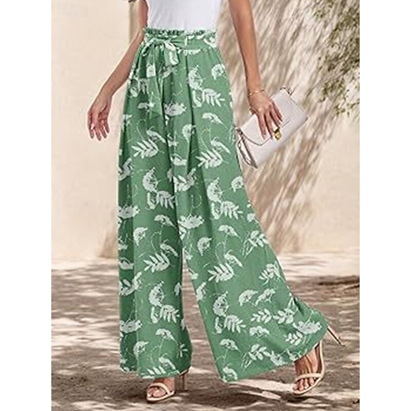 Women's Wide Leg Chinos Fashion Streetwear Full Length High Waist Floral Leaf Pocket Elastic Waistband Printing Comfy Soft Comfortable Micro-elastic Outdoor Street Navy-blue Light Green Wine Blue3