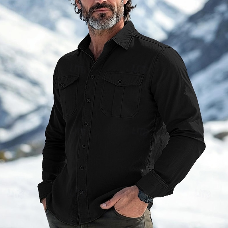 Men's Shirt Casual Shirt Button Up Shirt Black White Light Green khaki Army Green Long Sleeve Plain Collar Outdoor Going out Front Pocket Clothing Apparel Fashion Casual Comfortable4