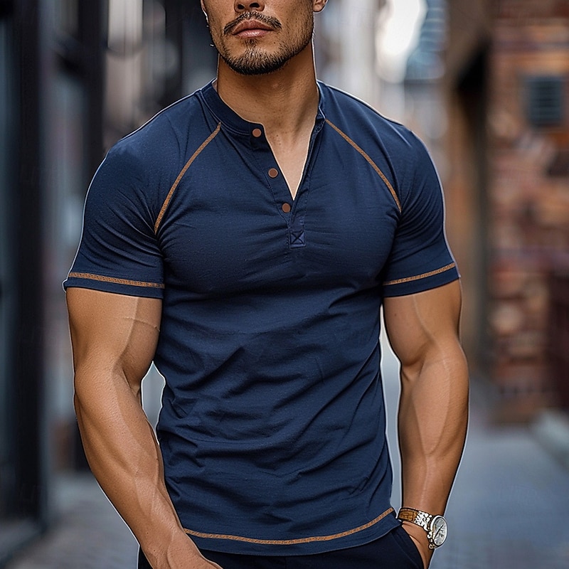 Men's Graphic Color Block Henley Shirt Tee Short Sleeve Fashion Designer Outdoor Casual Daily Summer Gray Army Green Navy Blue Henley Henley T-Shirt - Main Image