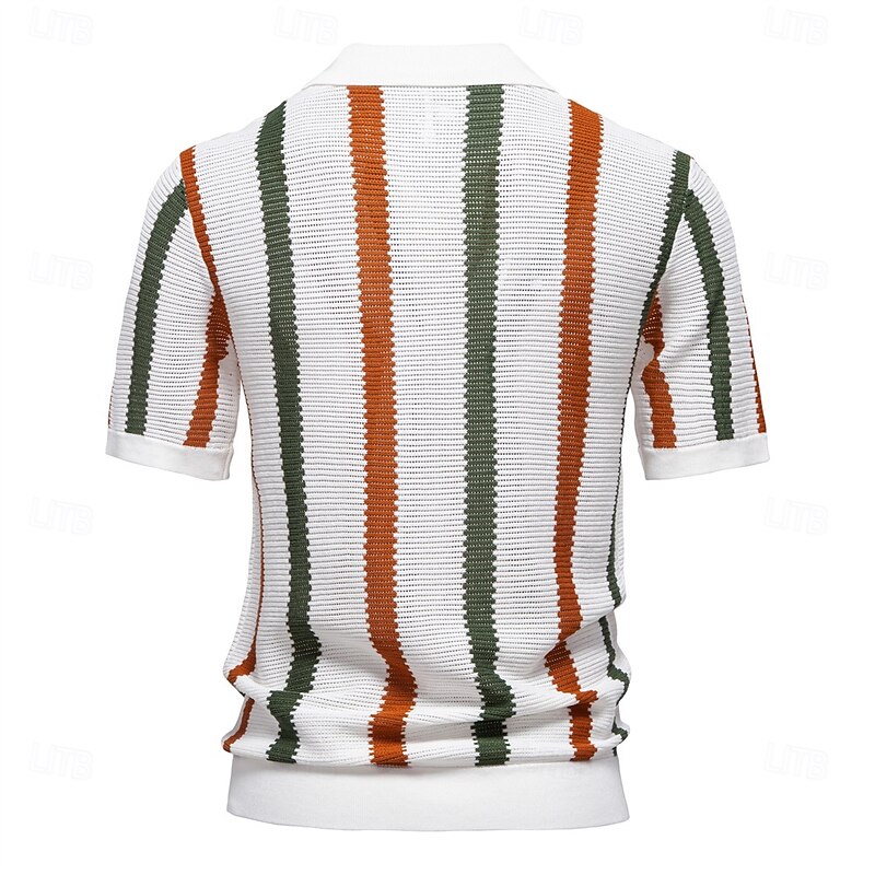 Men's Polo Knit Polo Sweater Formal Work Seagull collar Short Sleeve Striped Vertical Stripes Stripe-Trim Stripe Spring White Polo2
