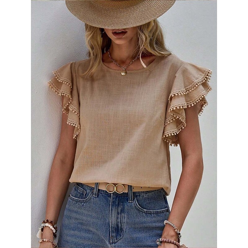 Women's Dressy Tops Elegant Short Sleeve Crew Neck Regular Tops Pink khaki Summer Spring4