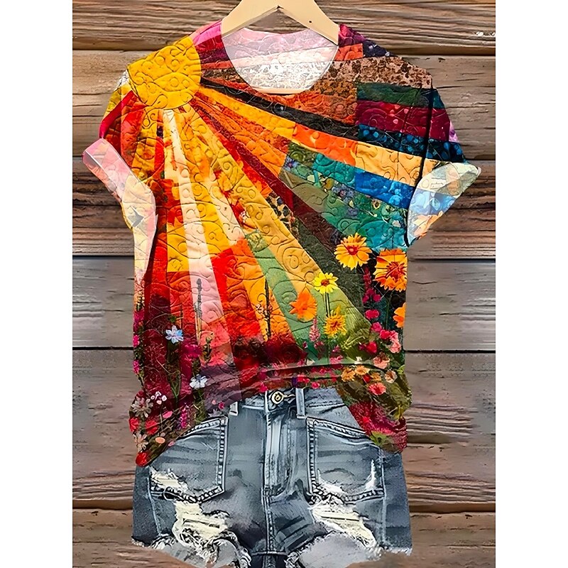 Women's T Shirt Floral Graphic Vintage Fashion Stylish Short Sleeve Round Neck Regular Tops Daily Going out Weekend Print Yellow Pink Blue Gray Summer2