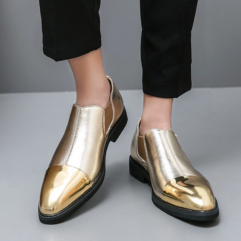 Men's Metallic Gold and Silver Slip-On Shoes with Pointed Toe and Elastic Sides – Stylish Dress Shoes for Formal Occasions2