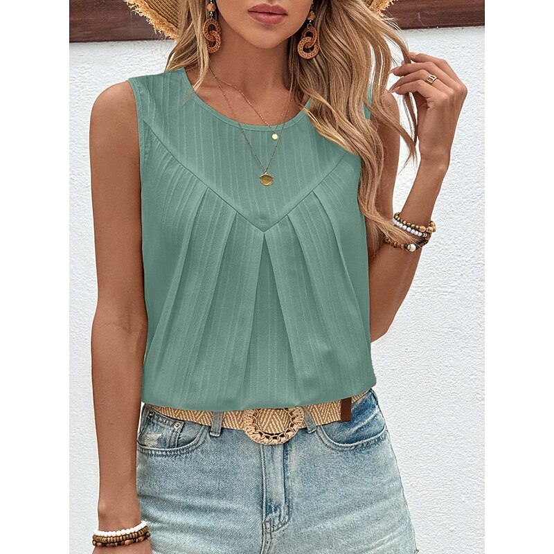 Women's Camisole Tank Top Solid Color Stylish Casual Sleeveless Crew Neck Regular Tops Daily Sky Blue Green Khaki Beige Summer