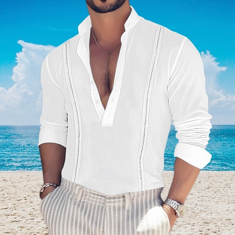 Men's Shirt Popover Shirt Summer Shirt Casual Shirt Beach Shirt Black White Pink Green khaki Long Sleeve Plain Band Collar Vacation Hawaiian Button-Down Clothing Apparel Fashion Casual Comfortable