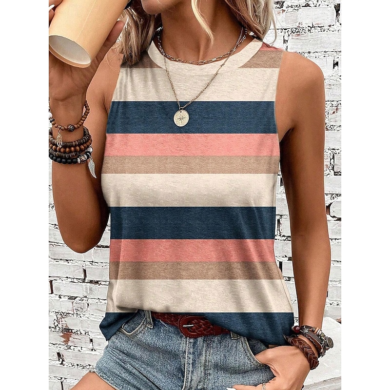 Women's Camisole Tank Top Striped Stylish Casual Sleeveless Crew Neck Regular Tops Daily Print Khaki Summer