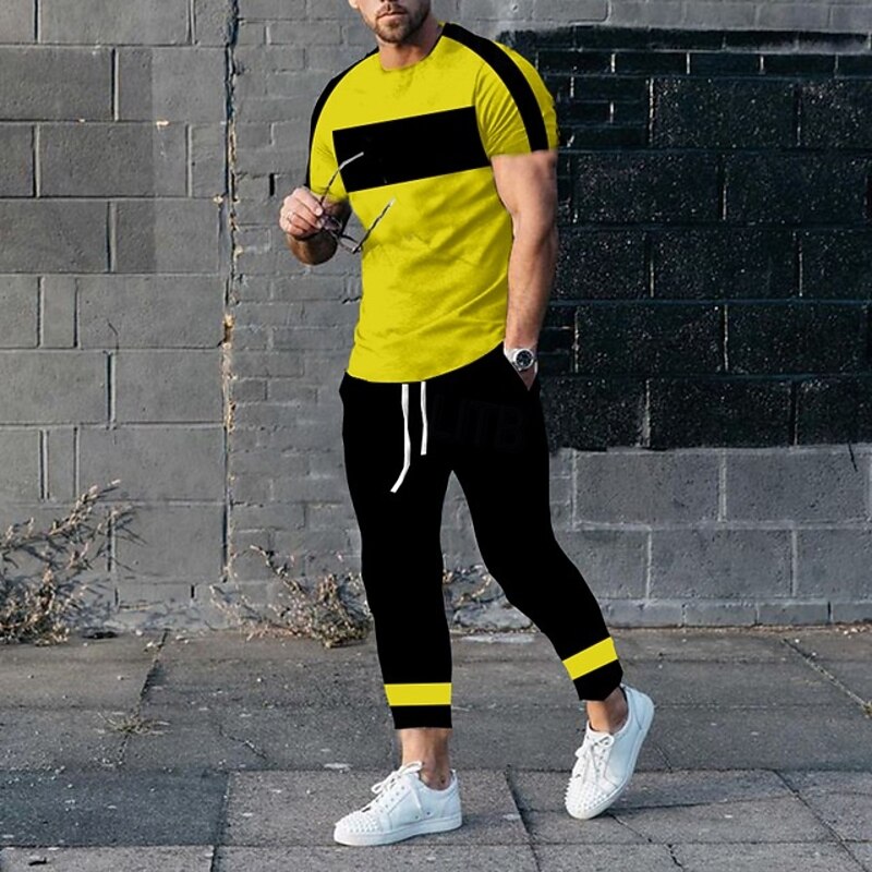 Men's T-shirt Suits Shirt and Pant Sets 2 Pieces Outfits Short Sleeve Crewneck Summer Color Block Fashion Casual 2 Piece Vacation Daily Wear Going out Black White Yellow Top Tee for Men2