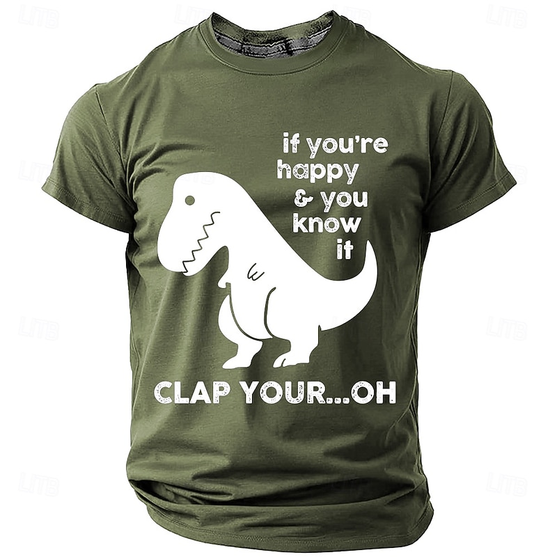 Men's Funny T-Rex Graphic T-Shirt: 'If You're Happy & You Know It, Clap Your...Oh' Pun Humor Short Sleeve2