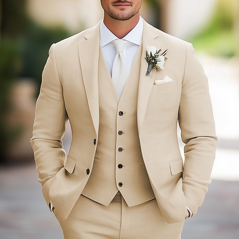 Men's Wedding Linen Suits Khaki Fashion Solid Colored Tailored Fit 3 Piece Single Breasted Two-buttons