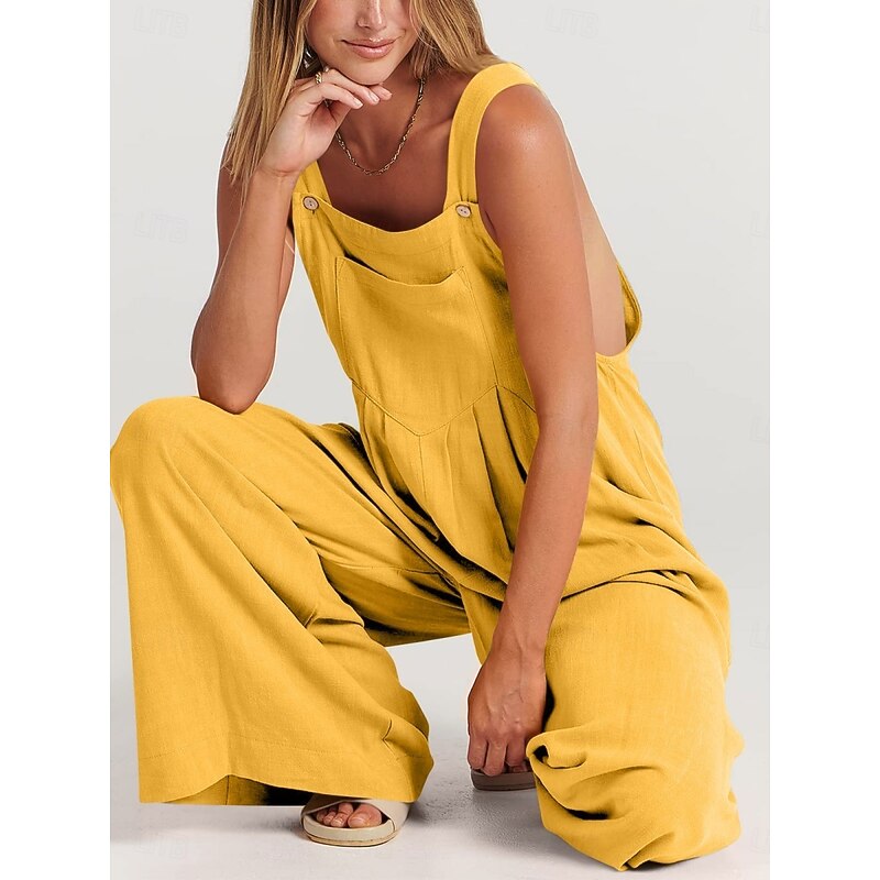 Women's Normal Overall Active Solid Color Sleeveless Round Neck Buttons Pocket Vacation Daily Regular Fit Yellow Wine Apricot Summer4