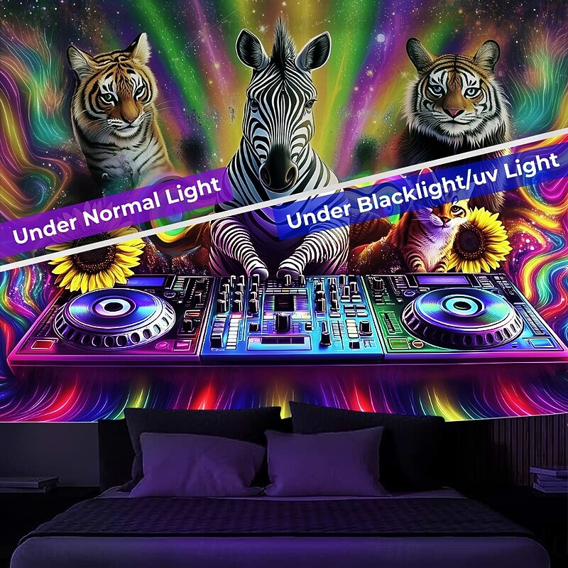 Blacklight Tapestry Glow in the Dark Glow Party UV Reactive Trippy Misty Animal DJ Hanging Tapestry Wall Art Mural for Living Room Bedroom2