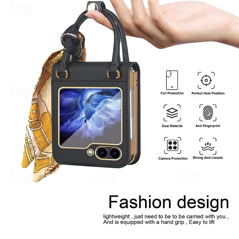 Phone Case For Samsung Galaxy Z Flip 6 Z Flip 5 Z Flip 4 Z Flip 3 Back Cover with Wrist Strap Shockproof Retro PU Leather3