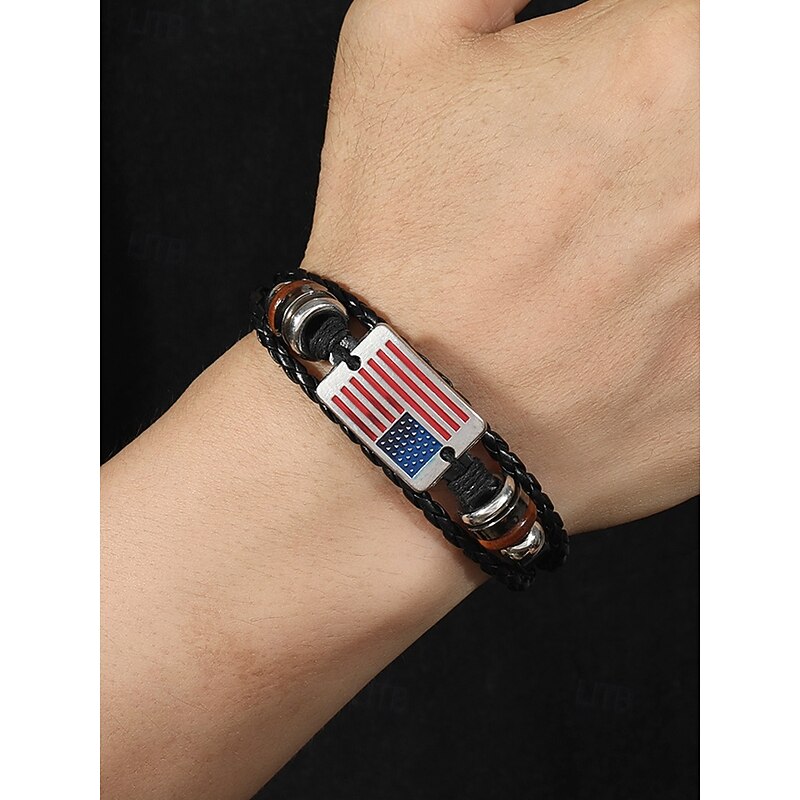 Men's Leather American Flag Bracelet – Stylish Braided Strap with Metal and Wooden Accents for Casual and Patriotic Occasions