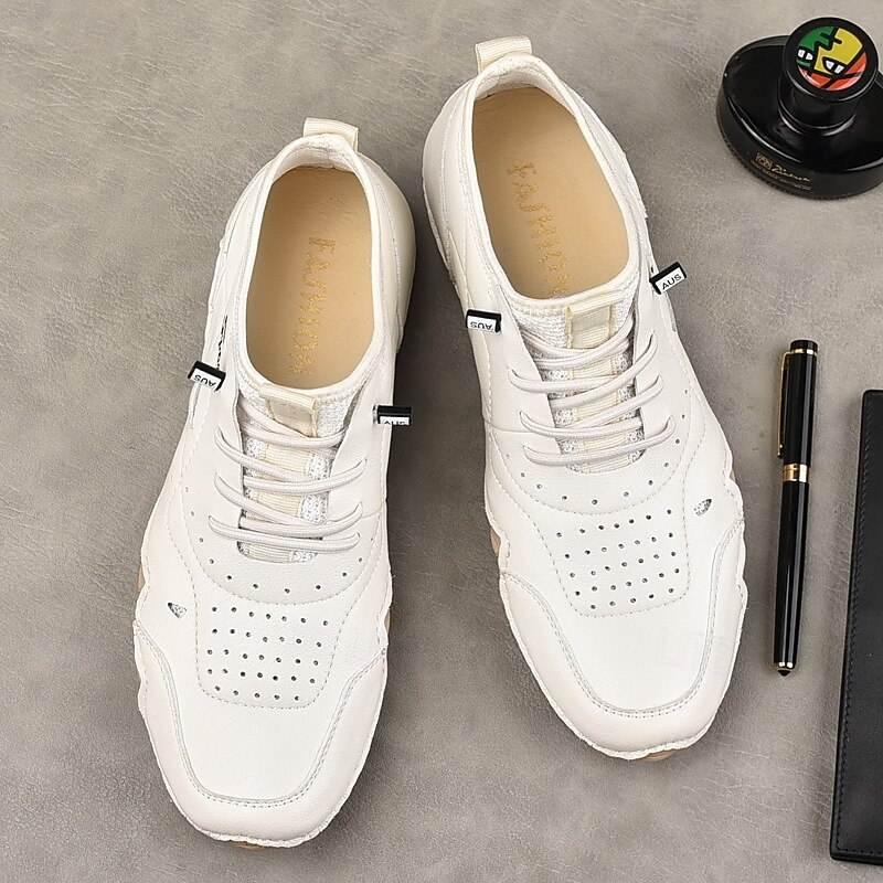Men's White Sporty Faux Leather Sneakers with Perforated Design, Lightweight and Comfortable, Ideal for Casual and Outdoor Activities2