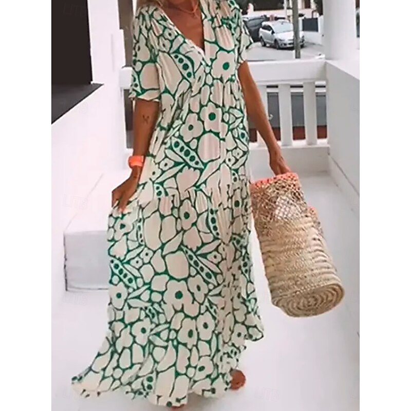 Women's Maxi Dress Casual Dress Stylish Casual Vacation Daily Regular Fit Floral Half Sleeve V Neck Black Pink Orange Green Summer4