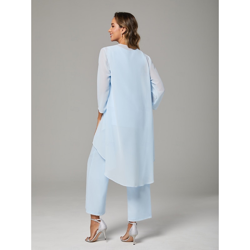 Pantsuit 3 Piece Mother of the Bride  Wedding Guest Elegant Plus Size Bateau Neck Floor Length Chiffon Sleeveless Wrap Included with Solid Color2