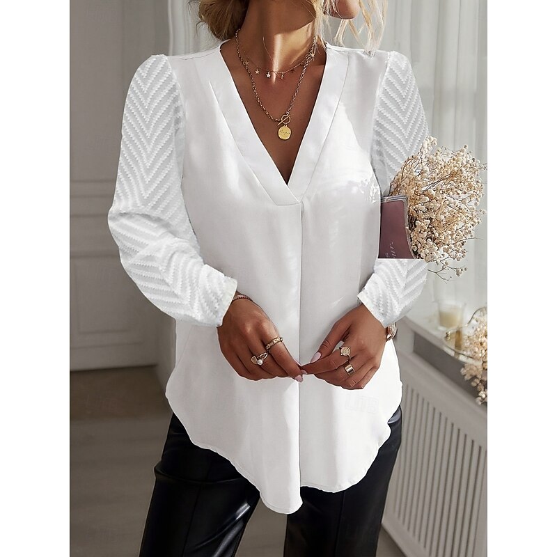 Women's Shirt Blouse Solid Color Stylish Casual Long Sleeve V Neck Regular Tops Daily Lace Patchwork White Summer Spring2