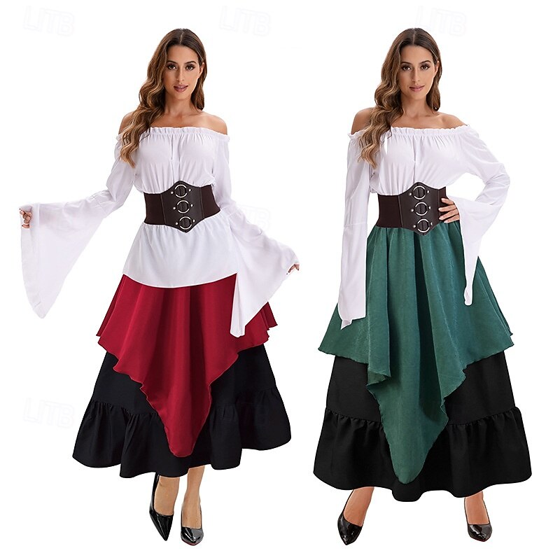 Retro Vintage Medieval Skirt Shirt Bell Sleeve Puff Sleeve Viking Elven Fancy Dress Women's Celtic Pirate Fantasy Halloween Carnival Masquerade Casual Daily LARP Adults' Shirt Skirt Belt All Seasons