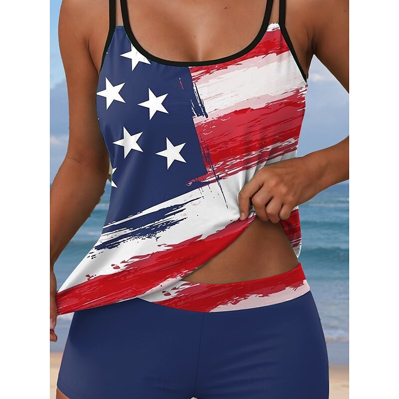 Women's Swimsuits Patriotic  Tankini 2 Piece Boy Leg Swimsuit Backless Vacation Beach Wear Flag U Neck Sleeveless Bathing Suits3