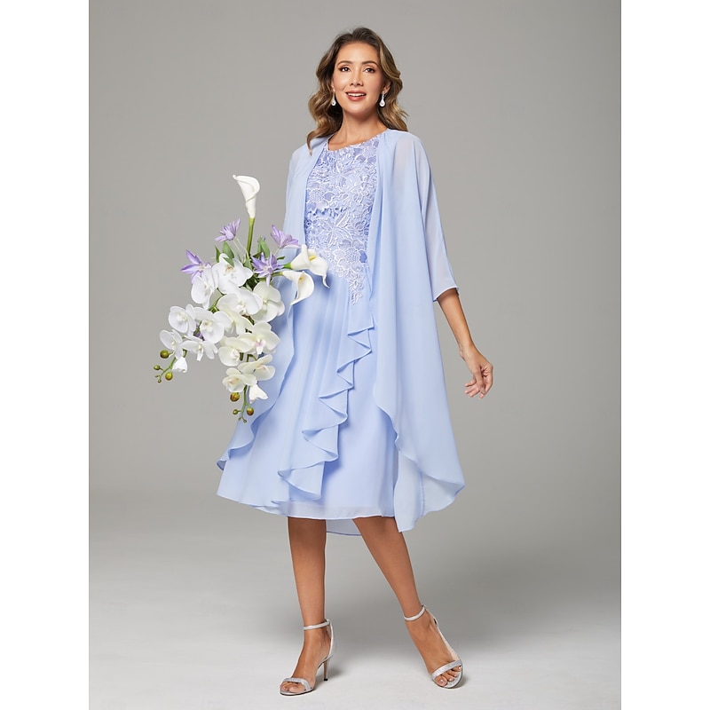 Two Piece A-Line Mother of the Bride Dress Wedding Guest Elegant Scoop Neck Knee Length Chiffon Lace Sleeveless Jacket Dresses with Pleats Appliques - Main Image