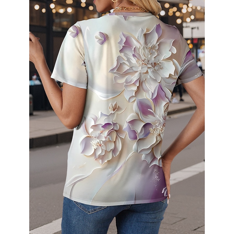 Women's T Shirt Floral Color Block 3D Stylish Casual Short Sleeve Round Neck Regular Tops Daily Weekend Print Purple Summer Spring2