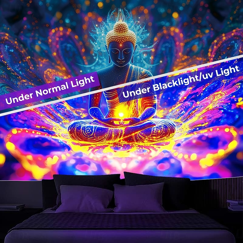 Blacklight Tapestry Glow in the Dark Glow Party UV Reactive Trippy Misty Buddha Nature Landscape Hanging Tapestry Wall Art Mural for Living Room Bedroom3
