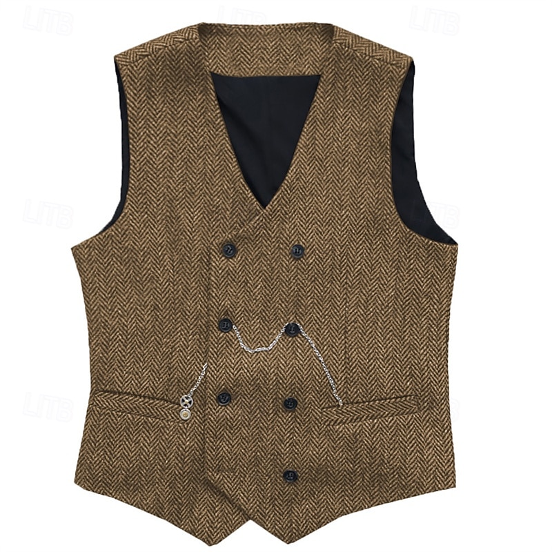 Men's Vest Waistcoat Gilet Vacation Daily Wedding Party Date Fashion Casual Spring Fall Buttons Pocket Polyester Comfortable Plain Double Breasted V Neck Regular Fit Silver Black Red Burgundy Vest