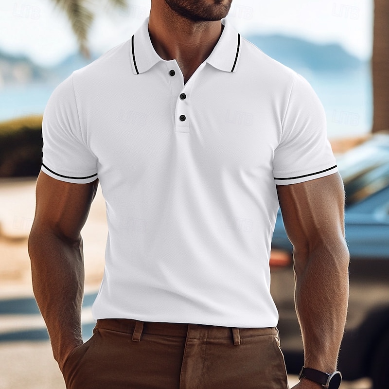 Men's Business Polo Golf Shirt Business Casual Lapel Classic Short Sleeve Color Block Buttons Summer Spring &  Fall Light Pink Dark Khaki Black White Light Green Navy Blue Business Polo