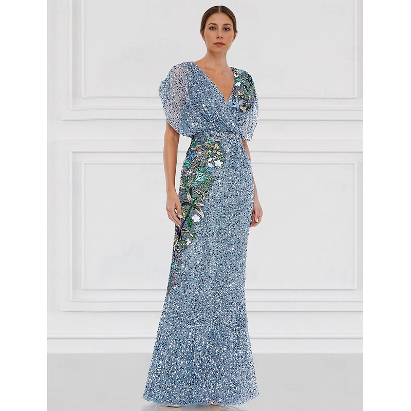 Column Evening Gown Embroidered Elegant Dress Formal Wedding Floor Length Short Sleeve Jewel Neck Sequined with Glitter3