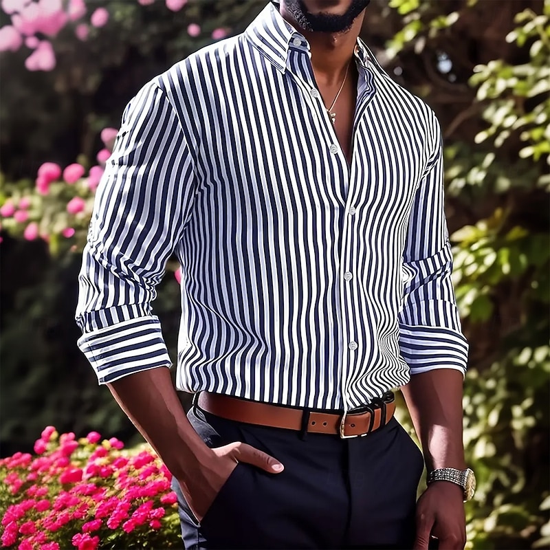 Men's Geometric Striped Shirt Button Up Shirt Long Sleeve Fashion Casual Formal Vacation Dailywear Summer Spring Turndown 3D Print Collared Shirts Red Blue Green Dark Blue