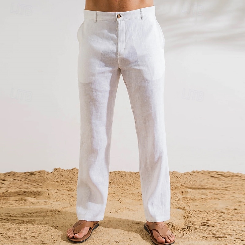 Men's Linen Pants Trousers Dress Pants Summer Pants Pocket Buttons Straight Leg Plain Comfort Breathable Full Length Outdoor Casual Daily Fashion Classic Style Black White