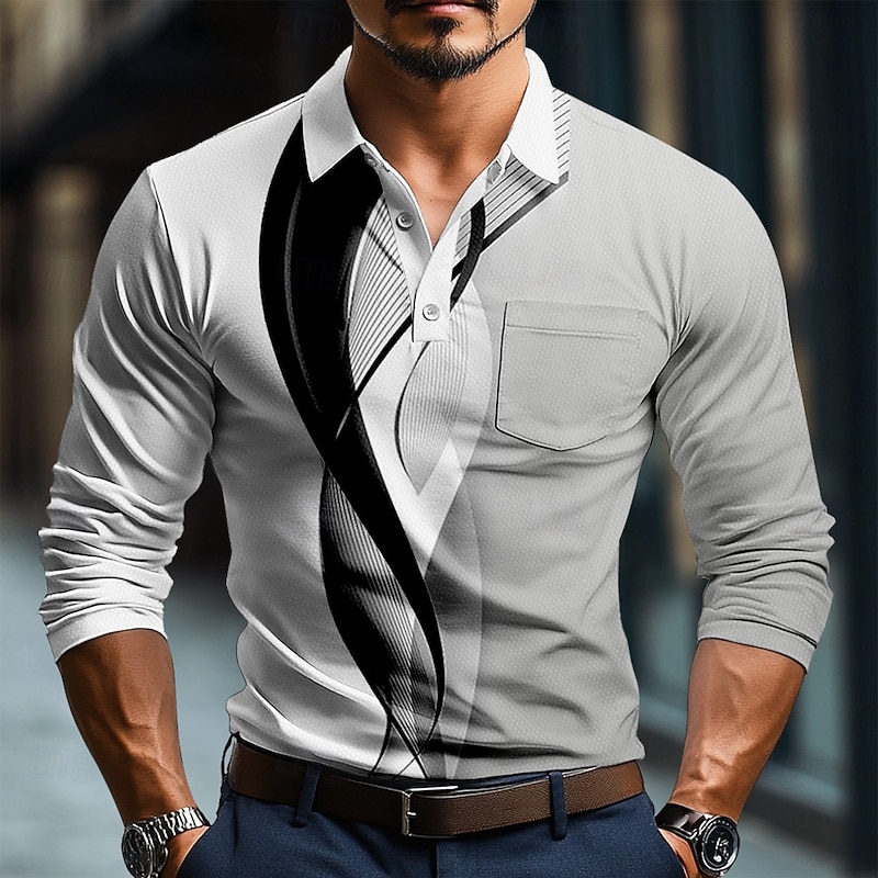 Men's Geometic Line Polo Long Sleeve Polo Shirts Collared Shirts Business Casual Business Athleisure Daily Wear Buttons 3D Print Spring Fall Winter Black Blue Gray3
