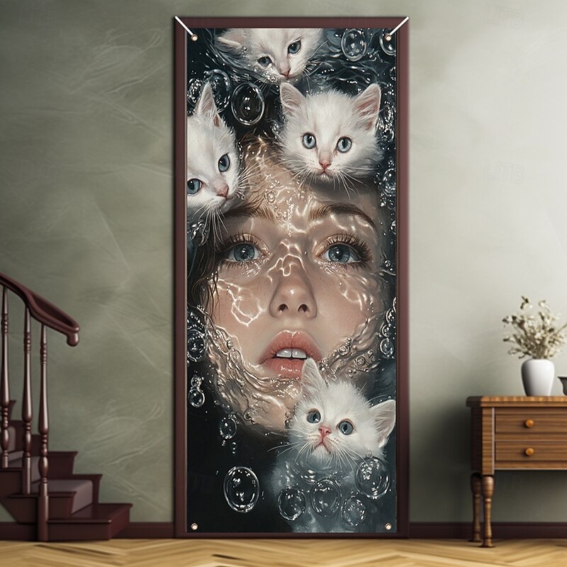 Girl Cats Door Decorations Door Covers Door Tapestry Door Curtain Decoration Backdrop Indoor/Outdoor Door Banner for Front Door Farmhouse3