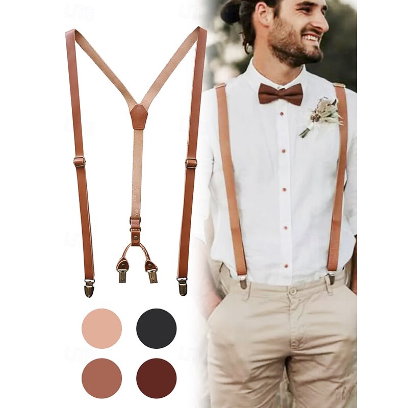 Men's Leather Suspender Set – Adjustable Y-Back Suspenders with Clips – Elegant Fashion for Weddings, Formal Events and Daily Wear