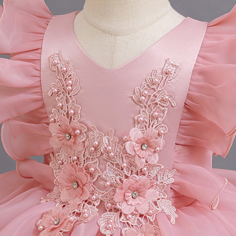 Kids Girls' Party Dress Floral Party Dress Asymmetrical Dress Wedding Mesh Crew Neck Half Sleeve Adorable Dress 4-13 Years Summer Blue3