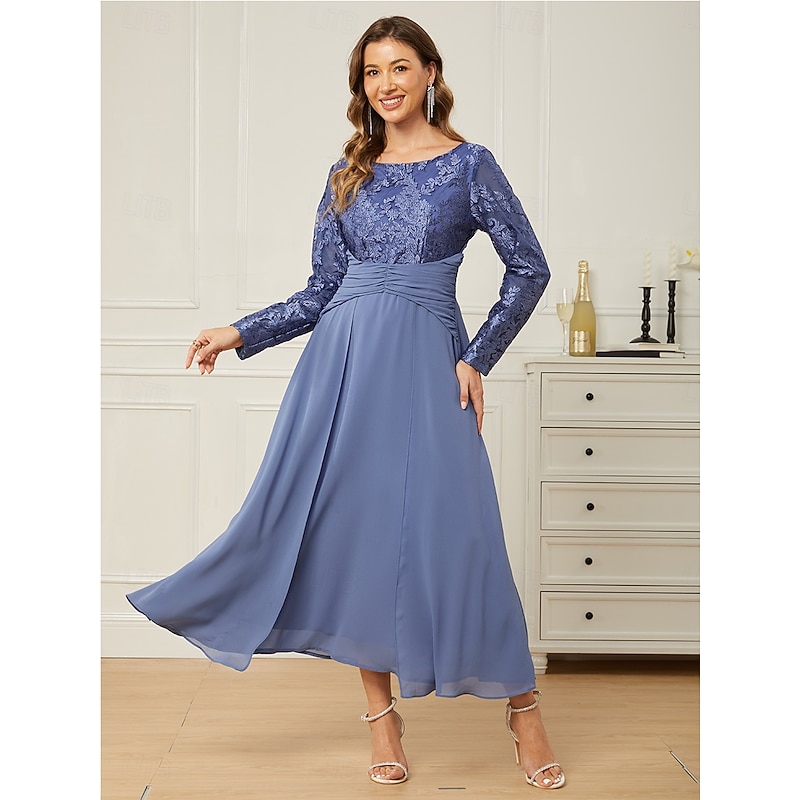 Women's Normal Maxi Dress Lace Dress Chiffon Dress Elegant Stylish Party Wedding Guest Date Regular Fit Solid Color Long Sleeve Crew Neck Blue Summer4