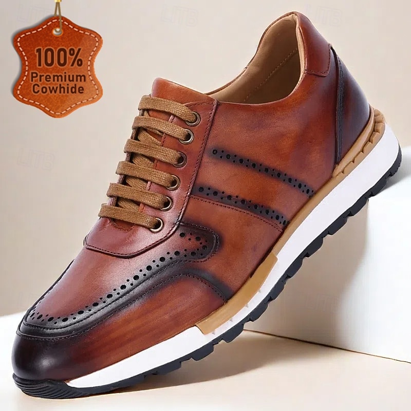 Men's Brown Premium Cowhide Sneakers with Perforated Detailing and Lace-Up Closure – Stylish Casual Shoes for Daily Wear